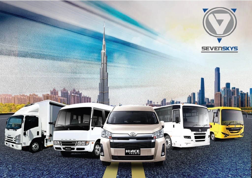 SevenSkys fleet of buses, vans and trucks in Dubai